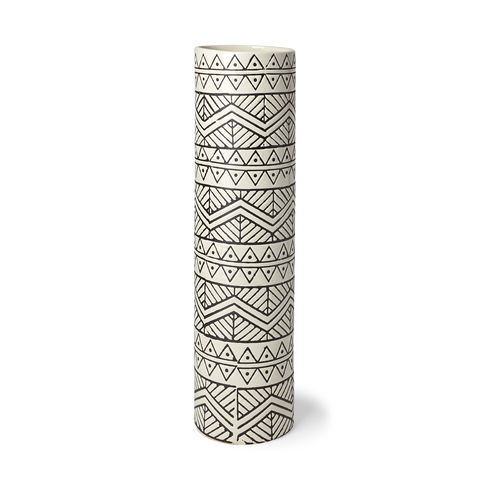 Uhura II Large Cream Black Patterned Cylindrical Ceramic Vase