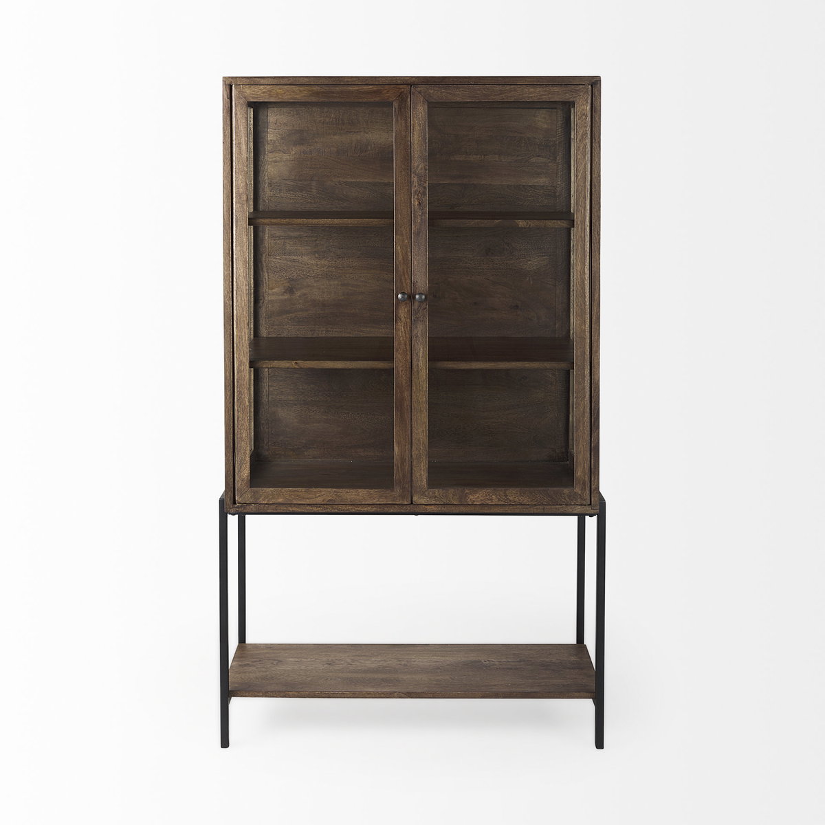 Arelius 36L x 18.75W x 63H Medium Brown Wood with Black Metal Base Display Cabinet, Cabinets & Sideboard by Mercana, 36" length x 18.75" width x 63" height View 5