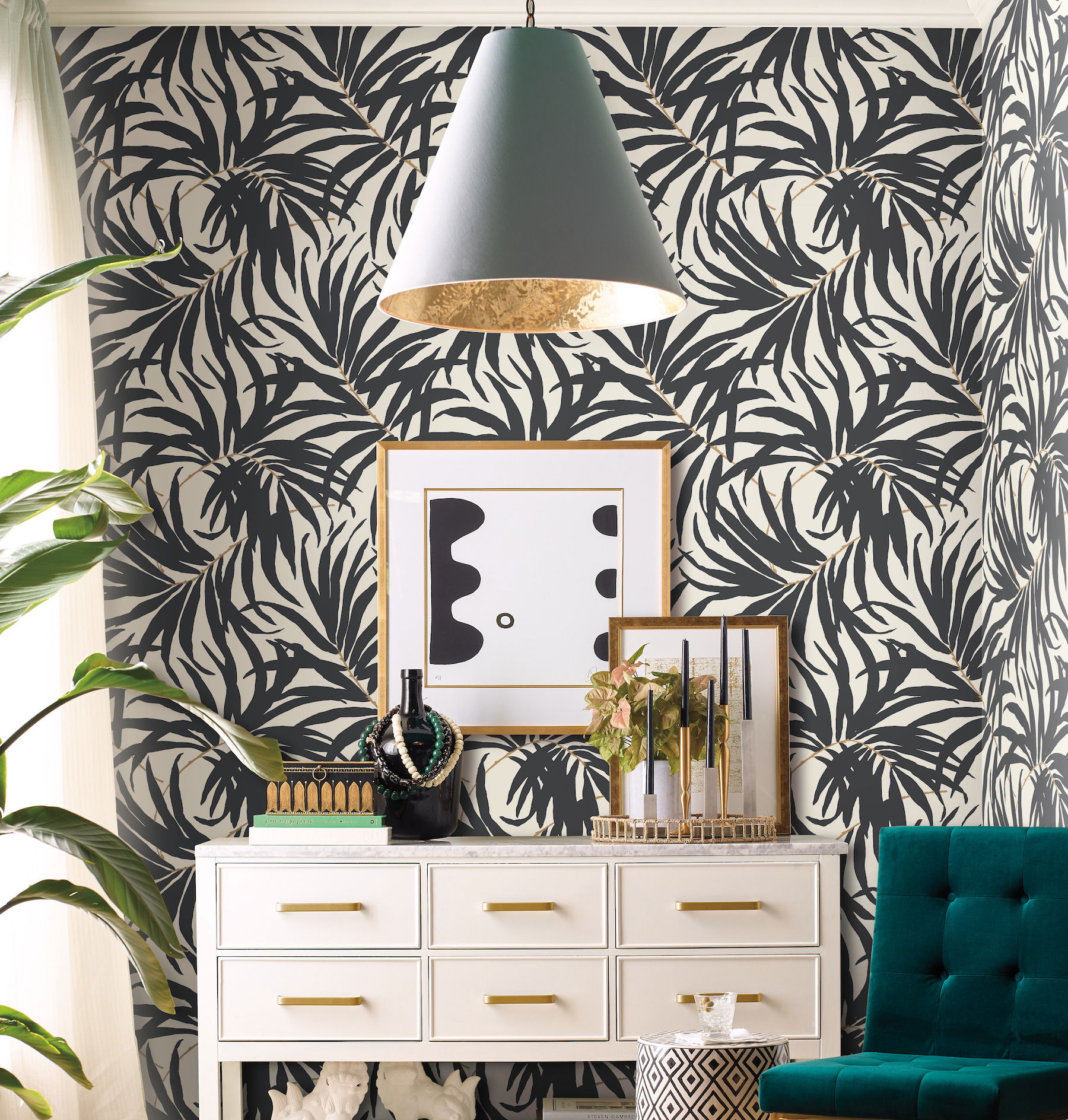 Bali Leaves Off White & Dark Grey Wallpaper large image 