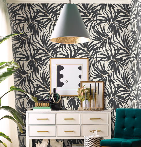 Bali Leaves Off White & Dark Grey Wallpaper