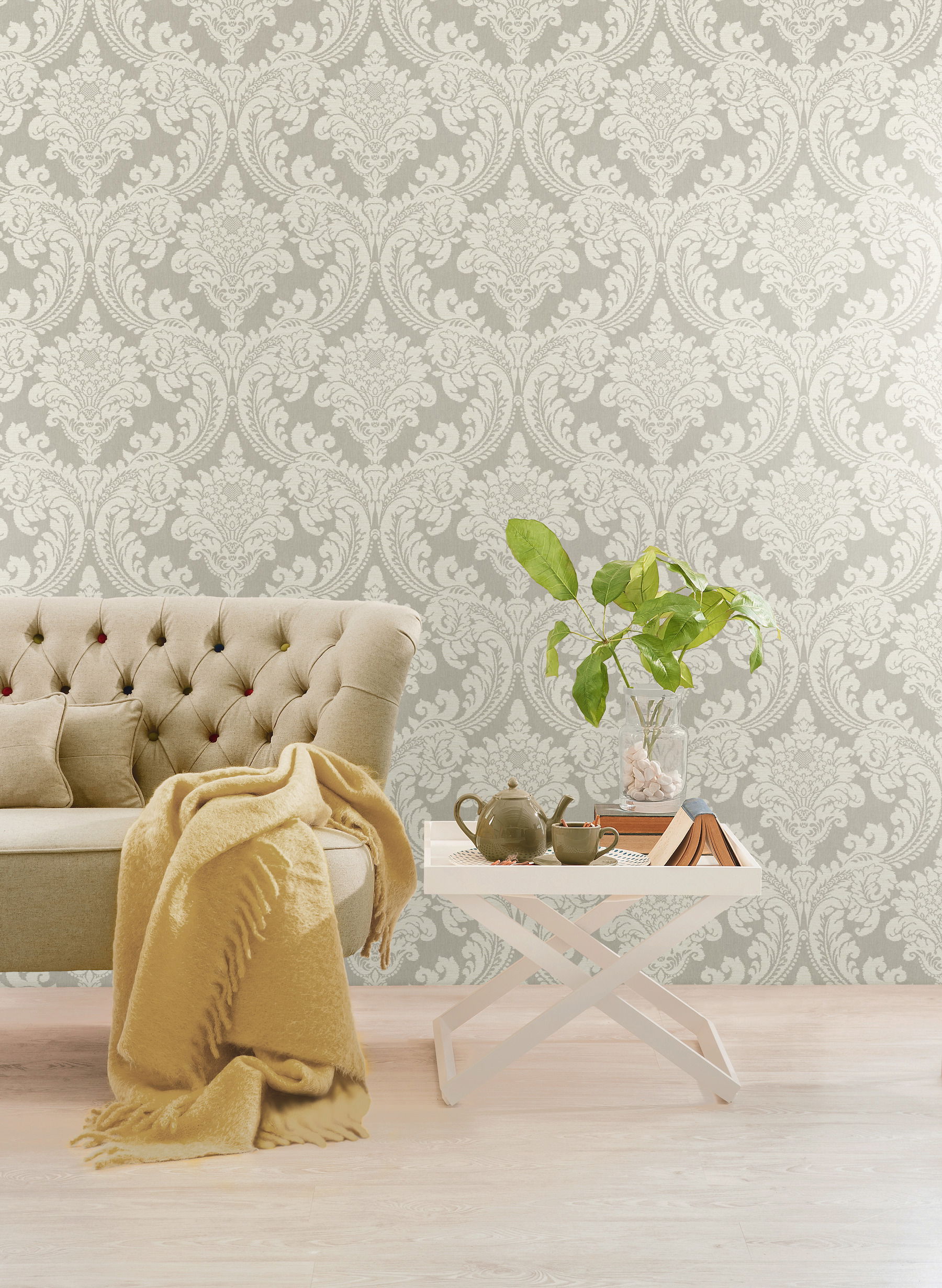 Tapestry Damask Grey Wallpaper large image 