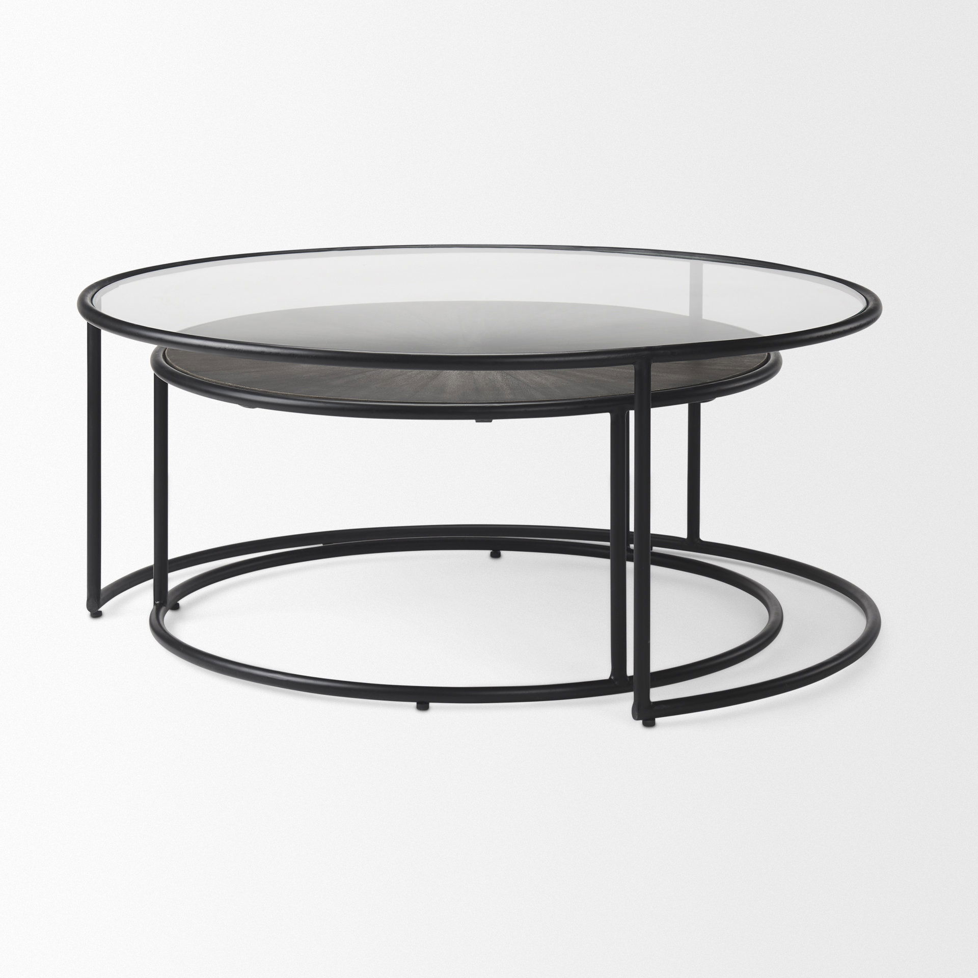 Arlo  Set of 2 Brown Wood and Glass with Black Metal Coffee Tables large image 