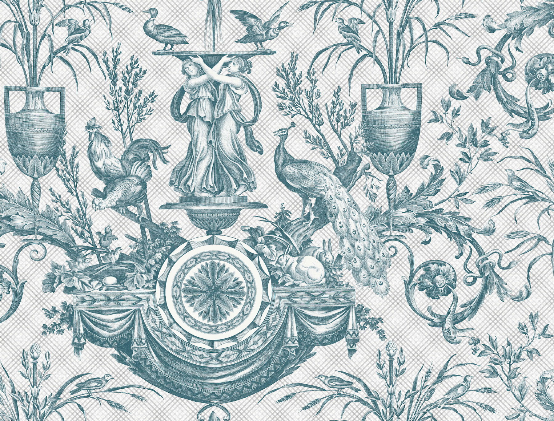 Avian Fountain Toile Jade Wallpaper large image 