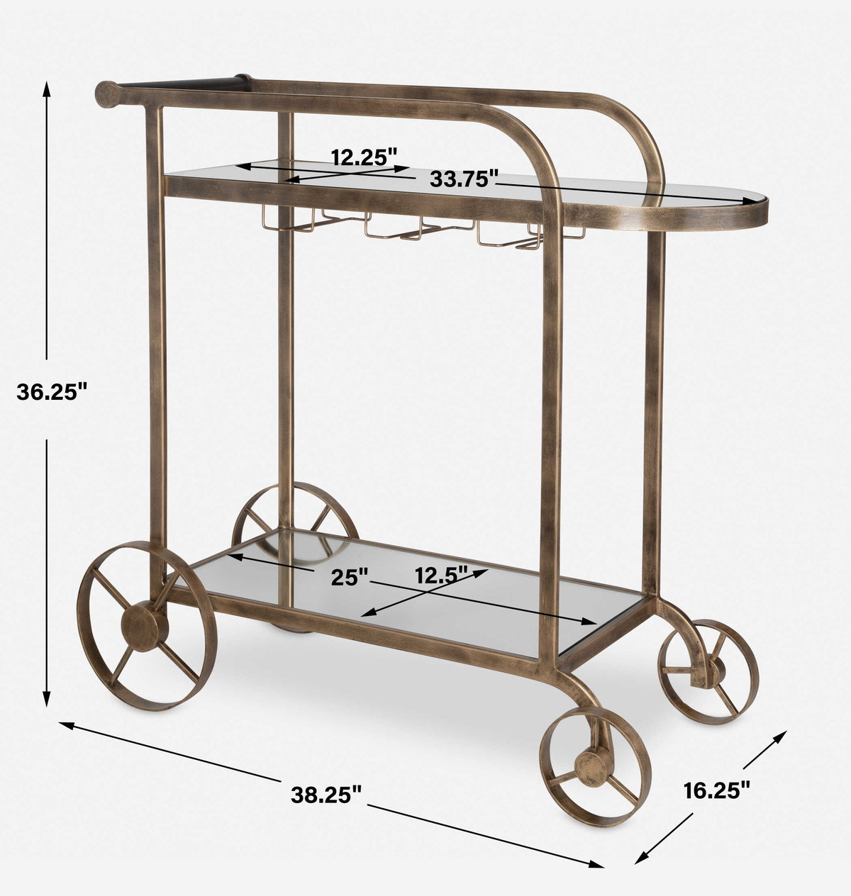Carrinho Antique Brass Bar Cart, Bar Carts & Cabinet by Uttermost, 38.25" width x 36.25" height x 16.25" depth View 3