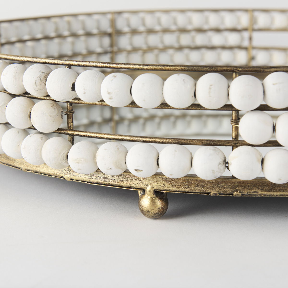 Decatur I 21L x 21W White Wooden Bead Mirrored Bottom Round Tray, Decorative Tray by Mercana, 21.26" length x 21.26" width x 3.94" height View 8