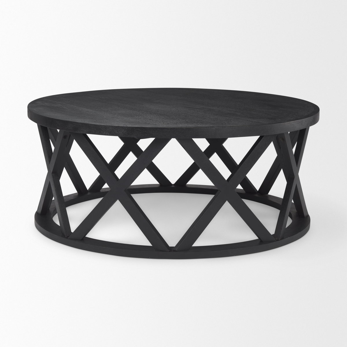 Forsey  28.0L x 45.3W x 18.0H Black Solid Wood Round Coffee Table, by Mercana, 45" length x 45" width x 18" height View 4