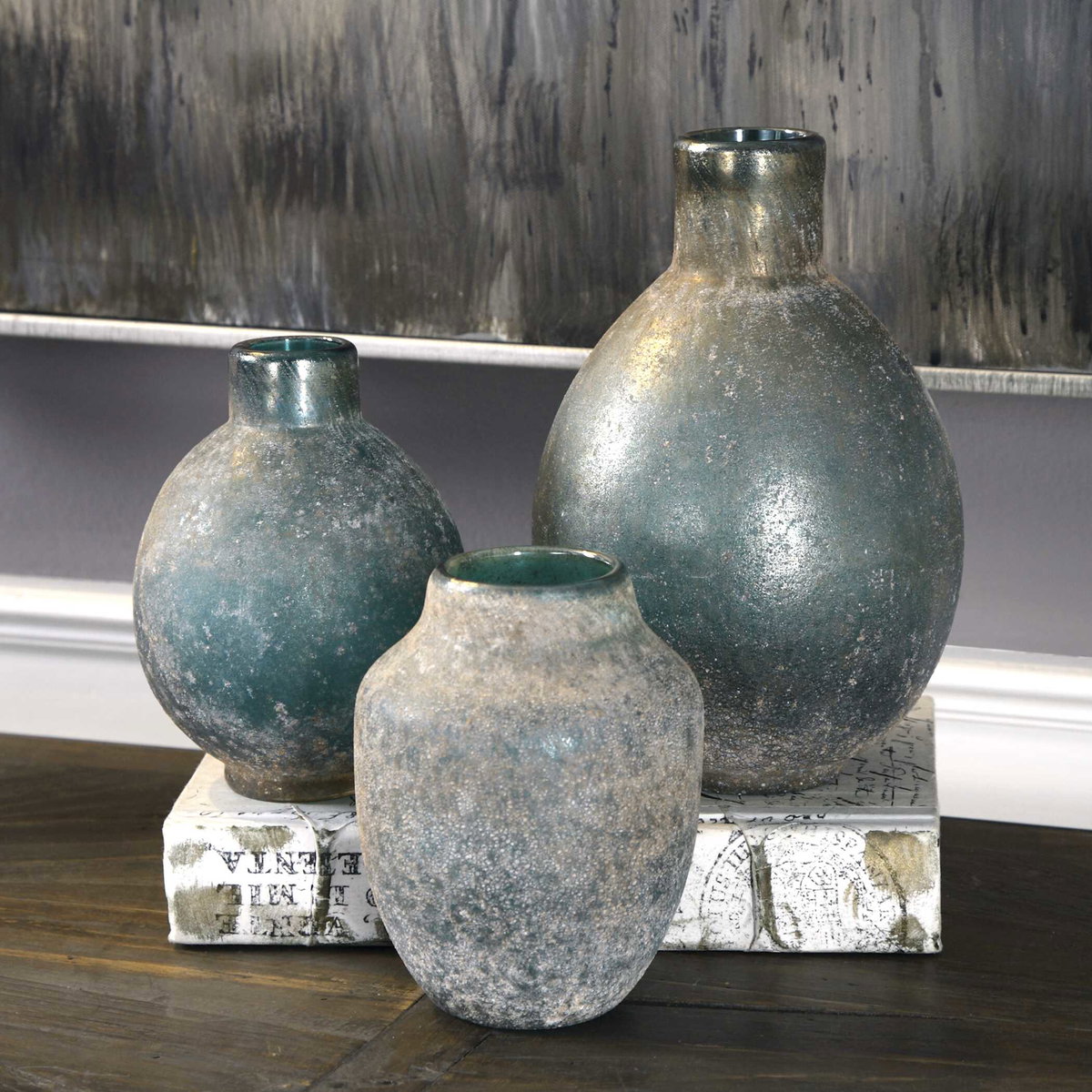Mercede Weathered Blue-Green Vases Set/3, by Uttermost, 5.25" width x 7.75" height x 5.25" depth View 3