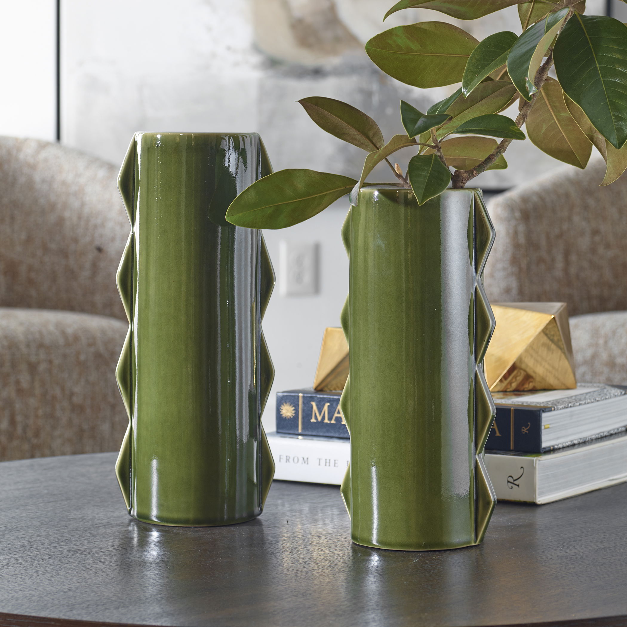 Meander Green Vases Set/2, Decorative by Uttermost, 5.75" width x 14" height x 4.5" depth View 2
