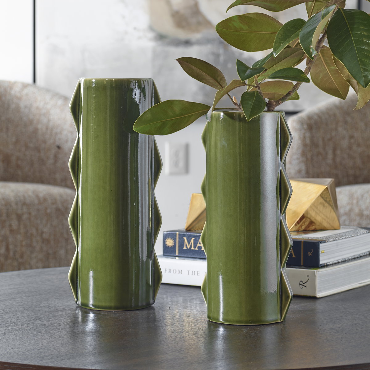 Meander Green Vases Set/2, by Uttermost, 5.75" width x 14" height x 4.5" depth View 2