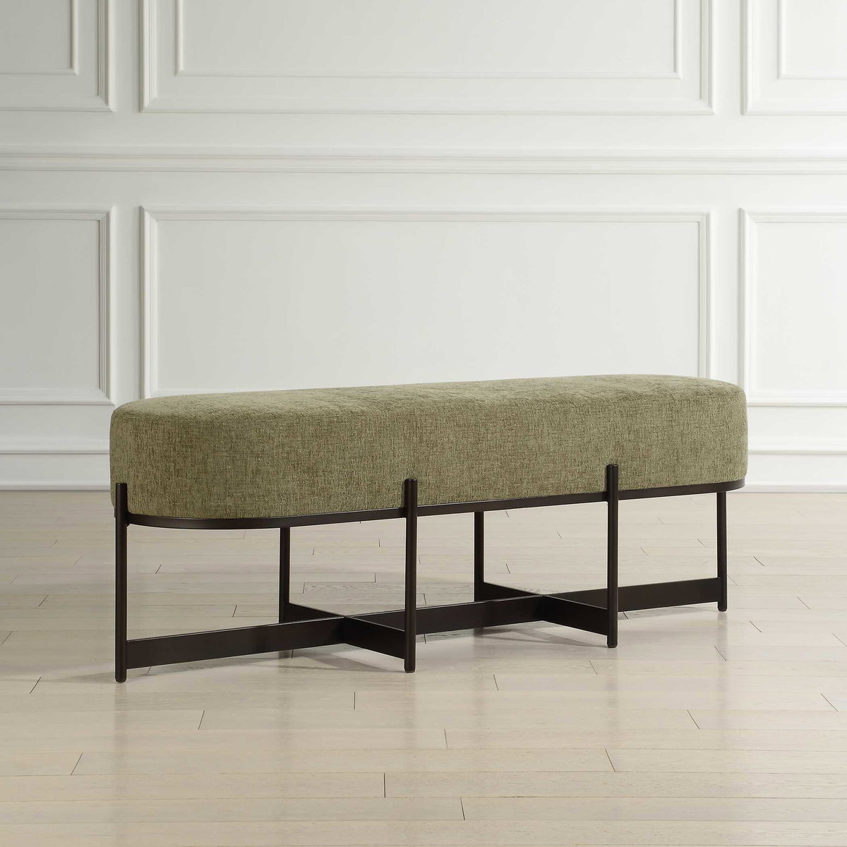 Merino Moss Fabric Bench, Benche by Uttermost, 56.5" width x 19" height x 17.6" depth View 4