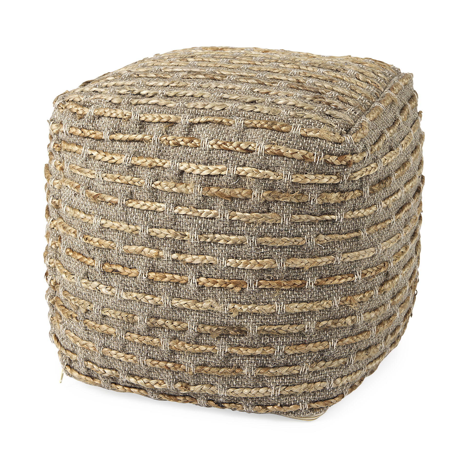 Binita    Gray/Brown Hemp Wool and Cotton Pouf, Ottoman by Mercana, 16" length x 16" width x 16" height View 1