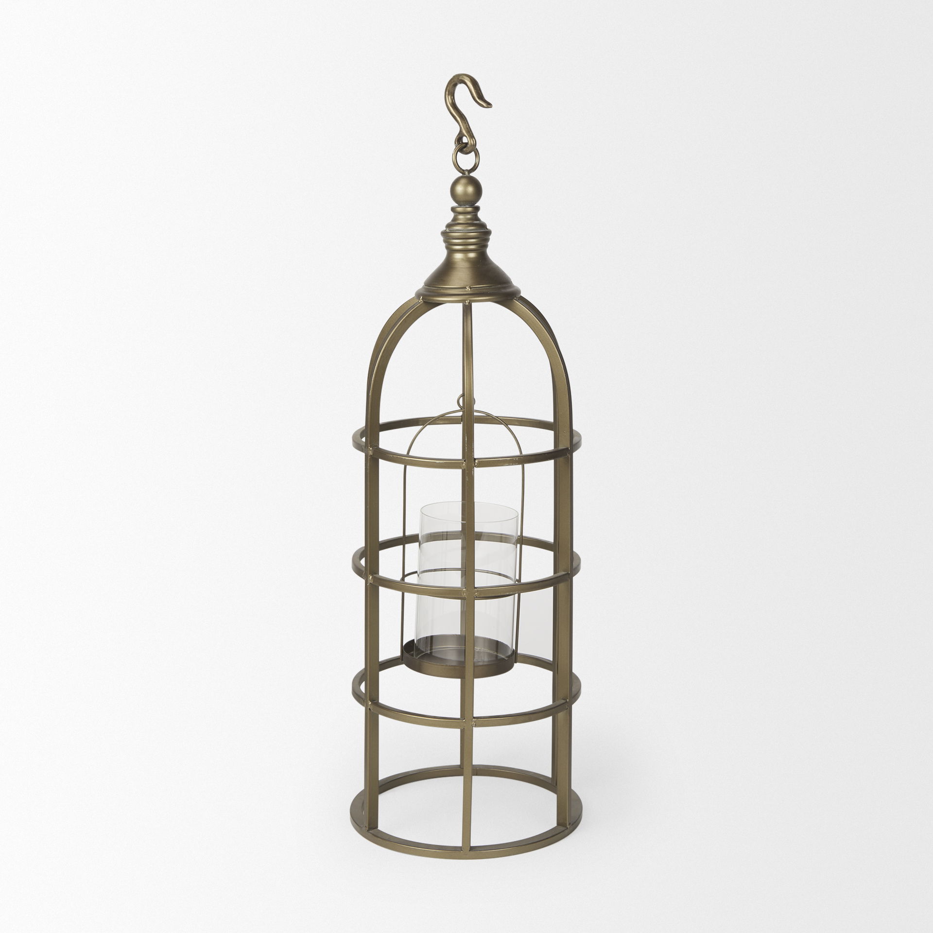 Gerson II Small Cage-Style Gold Metal Candle Holder Lantern, Lighting by Mercana, 11" length x 11" width x 34.8" height View 5