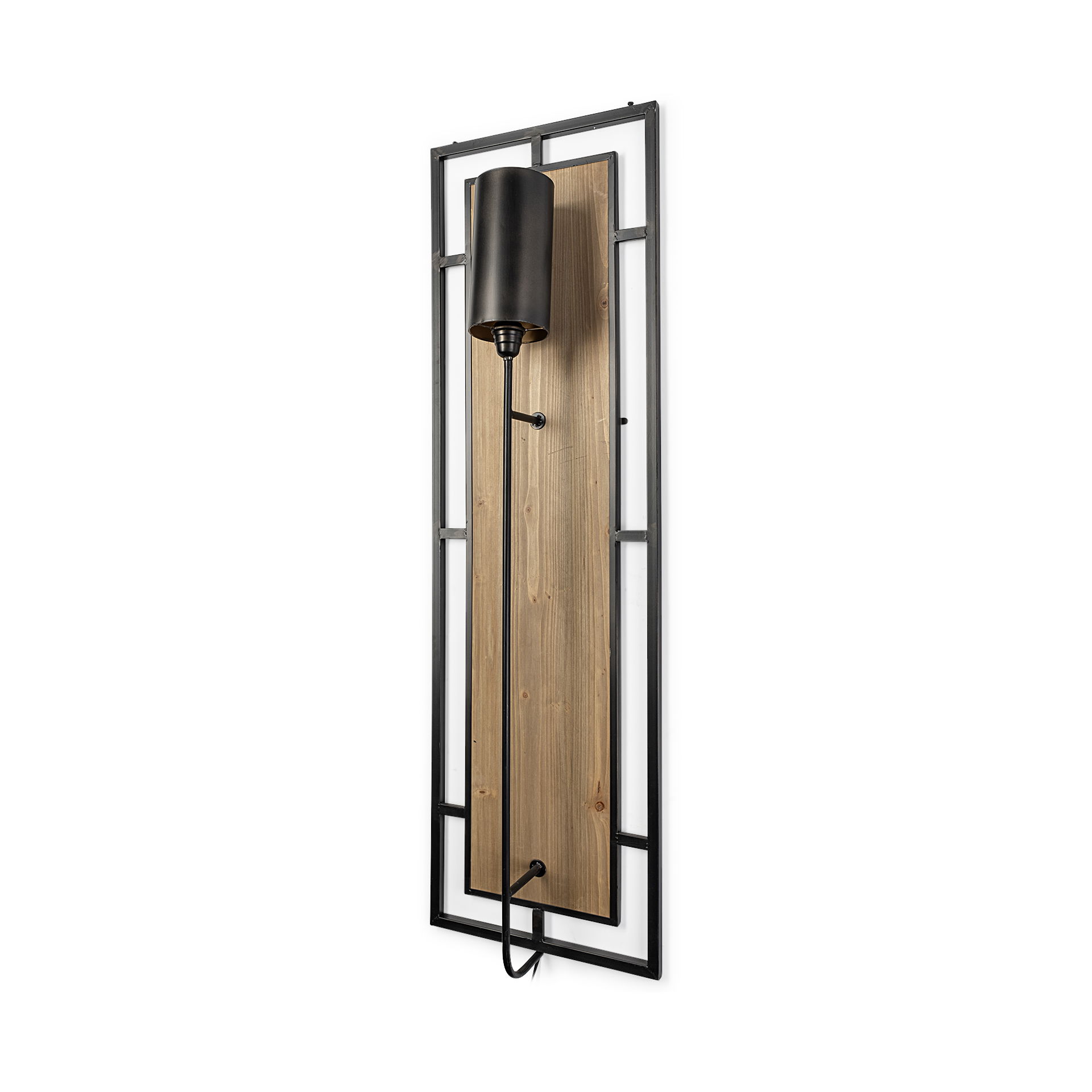 Cleo 16.9x57.1 Black Metal and Wood Rectangular Wall Sconce, by Mercana, 16.93" length x 7.87" width x 57.09" height View 1