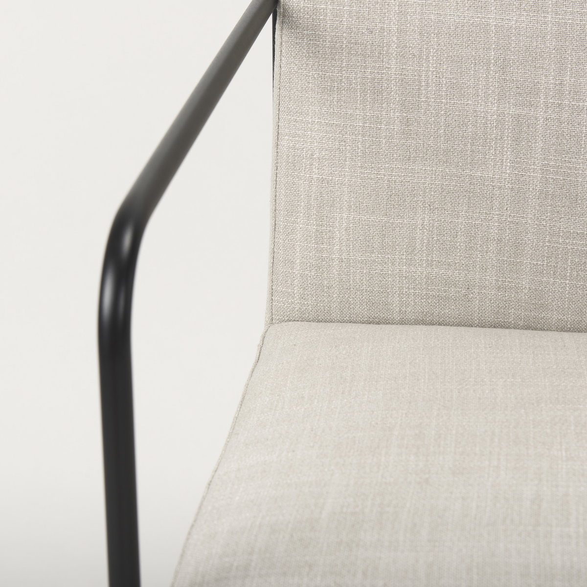 Stamford Beige Upholstered Seat with Wood Back, Black Metal Frame Dining Chair with Arms, by Mercana, 25" length x 20.5" width x 36" height View 8