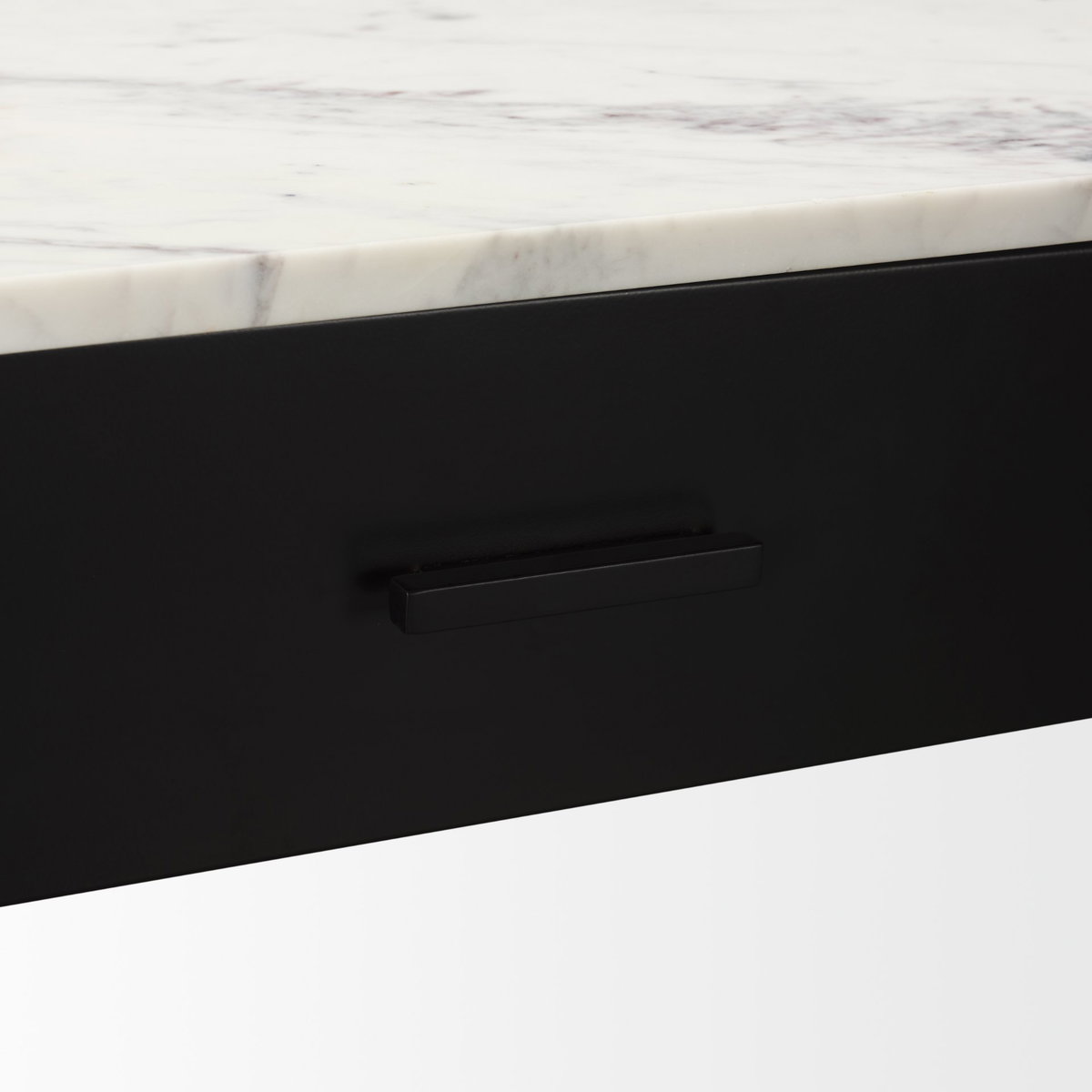 Amika White Marble Top Black Metal Base Console Table, by Mercana, 44" length x 12" width x 32" height View 11