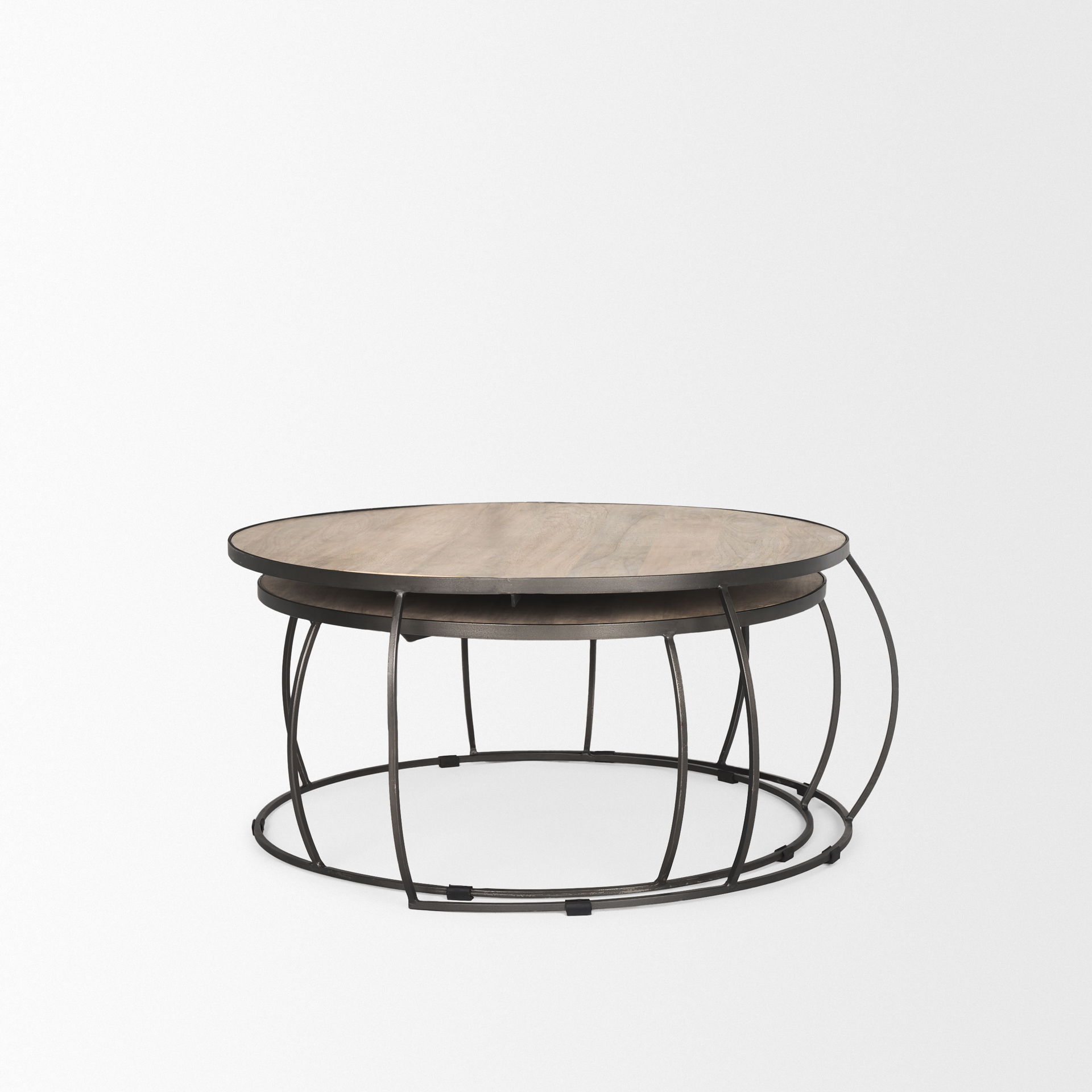 Clapp Round Light Brown with White Wash Wood and Silver Metal Nesting Coffee Tables (Set of 2), by Mercana, 44" length x 44" width x 20" height View 6