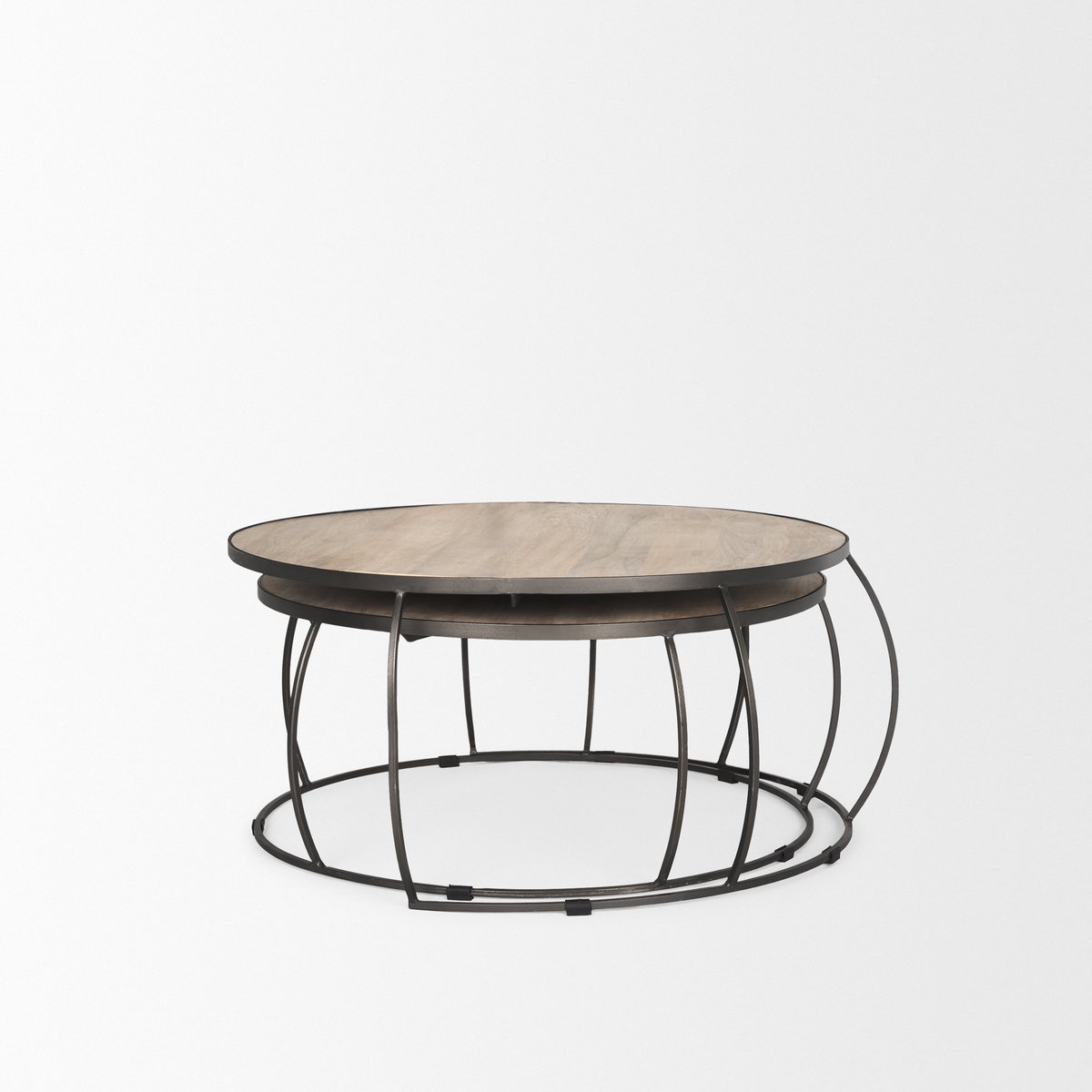Clapp Round Light Brown with White Wash Wood and Silver Metal Nesting Coffee Tables (Set of 2), by Mercana, 44" length x 44" width x 20" height View 6
