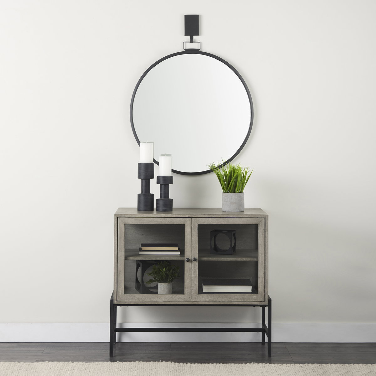 Arelius 36L x 18W x 32H Gray Wood, Black Metal Base with 2 Glass Doors Accent Cabinet, Cabinets & Chest by Mercana, 36" length x 22" width x 27" height View 2