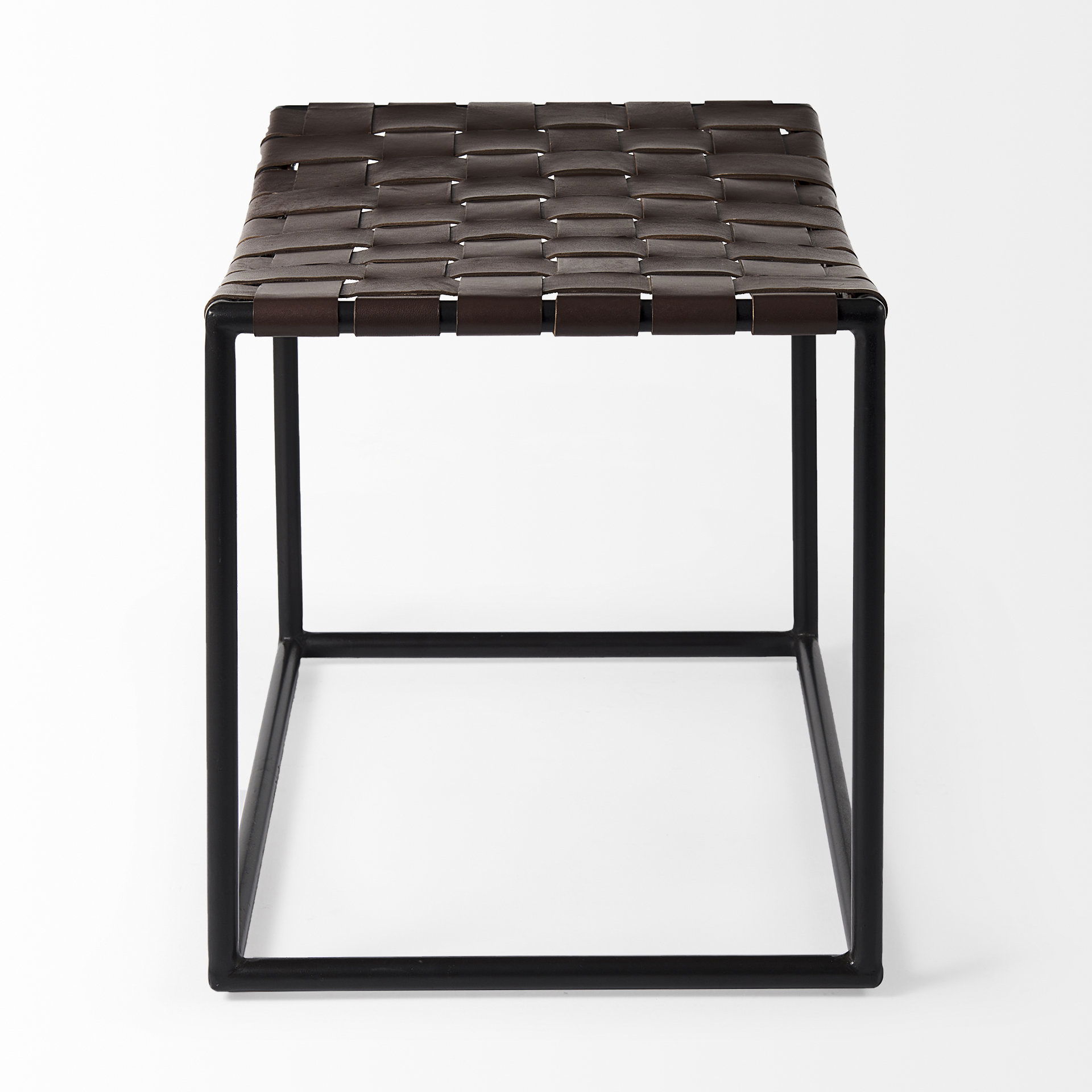 Clarissa  Brown Leather Woven Seat with Black Metal Frame Stool, Benche by Mercana, 22" length x 16" width x 16.5" height View 5