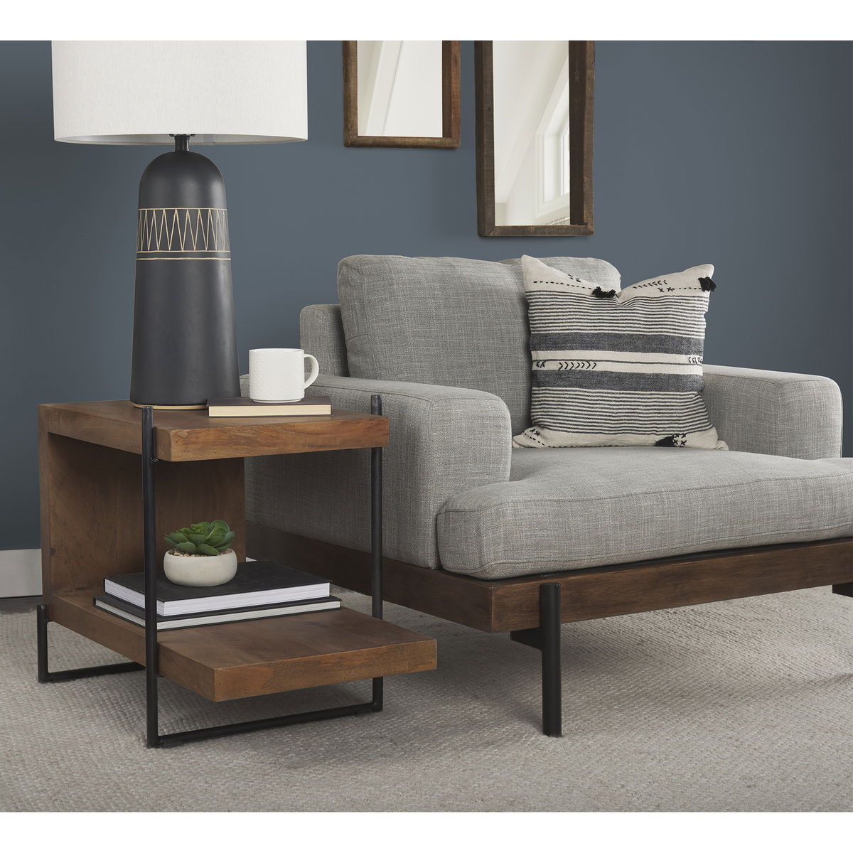 Maddox 30L x 18W x 22H Medium Brown Wood with Black Metal U-shaped End/Side Table, Side & End Table by Mercana, 30" length x 17.5" width x 22.5" height View 4
