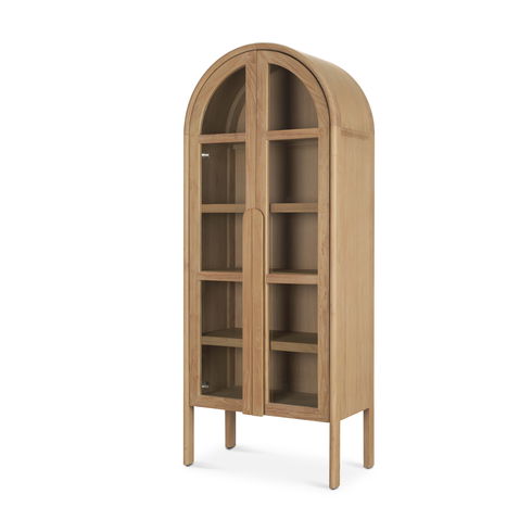 Callum Light Brown Elm Wood with Glass Doors Arched Curio Cabinet