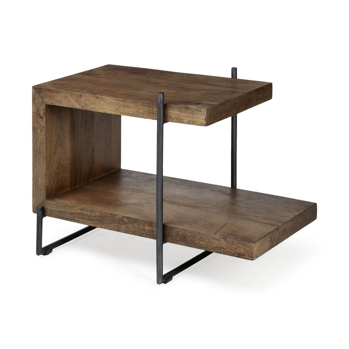 Maddox 30L x 18W x 22H Medium Brown Wood with Black Metal U-shaped End/Side Table, Side & End Table by Mercana, 30" length x 17.5" width x 22.5" height View 1