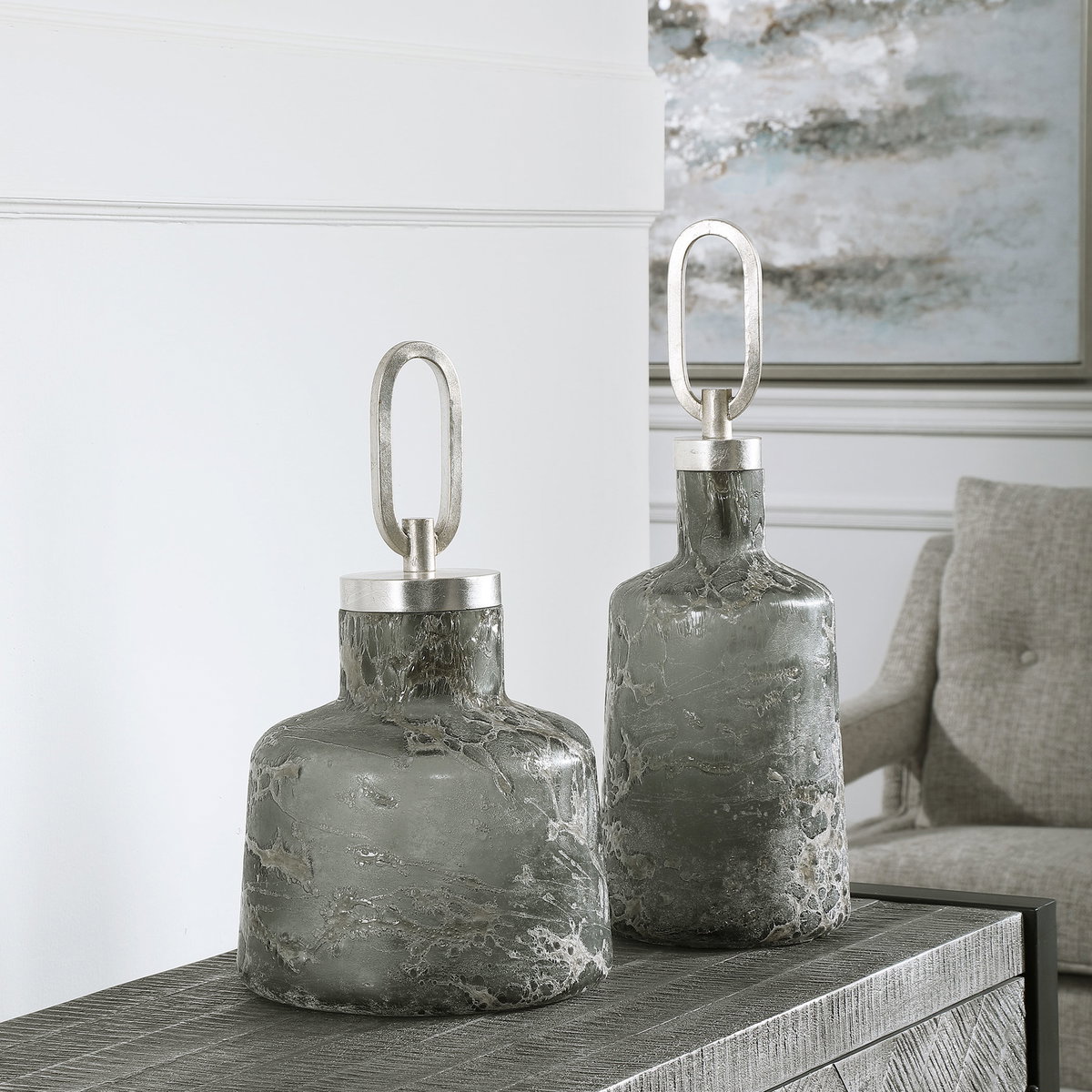 Storm Art Glass Bottles Set/2, Vase by Uttermost, 6.25" width x 17.5" height x 6.25" depth View 4