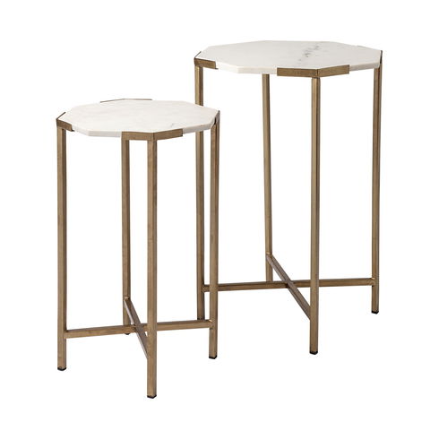 Vincent Octagonal White Marble Tabletop with Gold Metal End/Side Tables