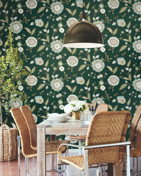 Dahlia Blooms Green & Blue Metallic Wallpaper