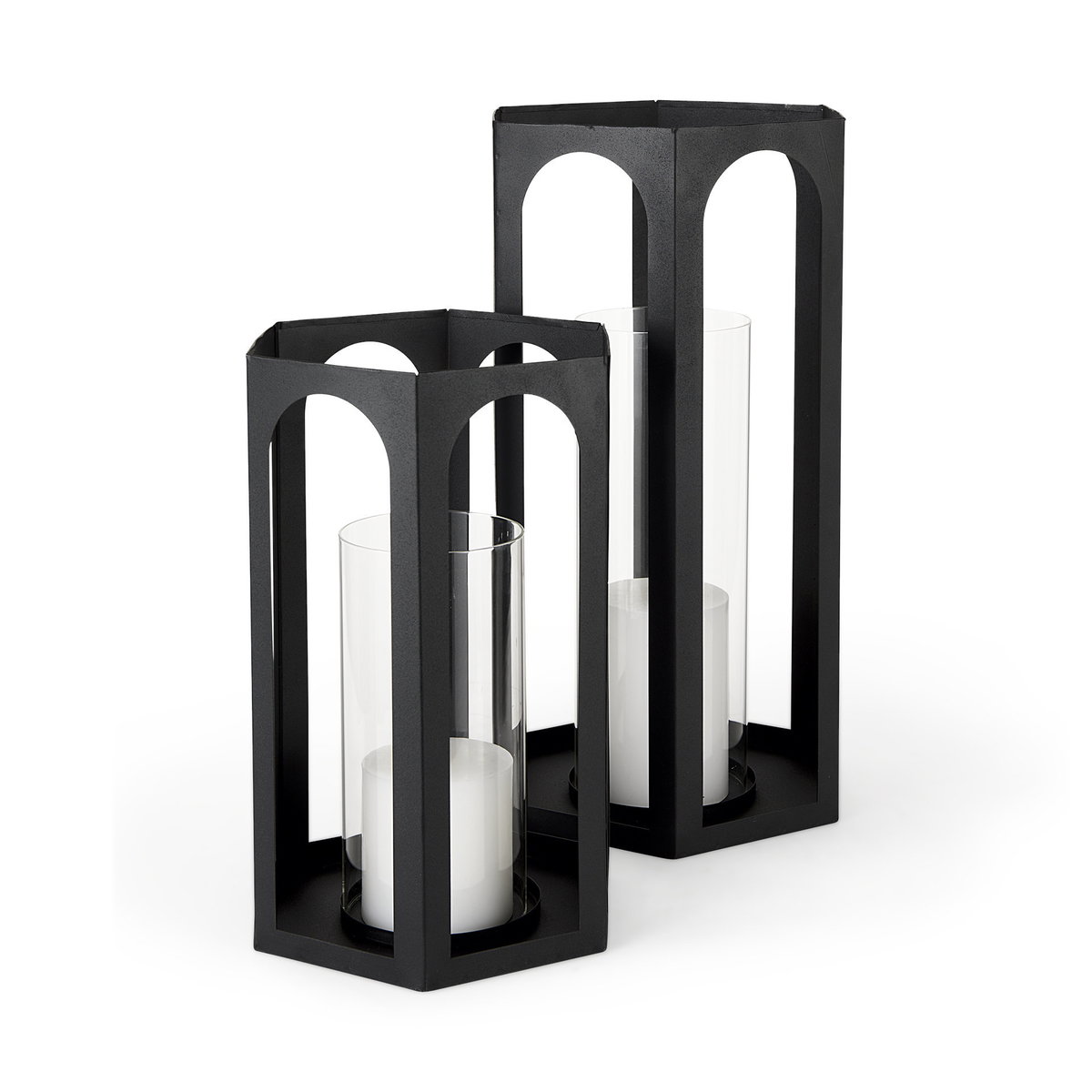 Balley  Set of Two Matte Black Metal Hexagonal Candle Holder Lanterns, Lighting by Mercana, 9.45" length x 9.45" width x 19.69" height View 1