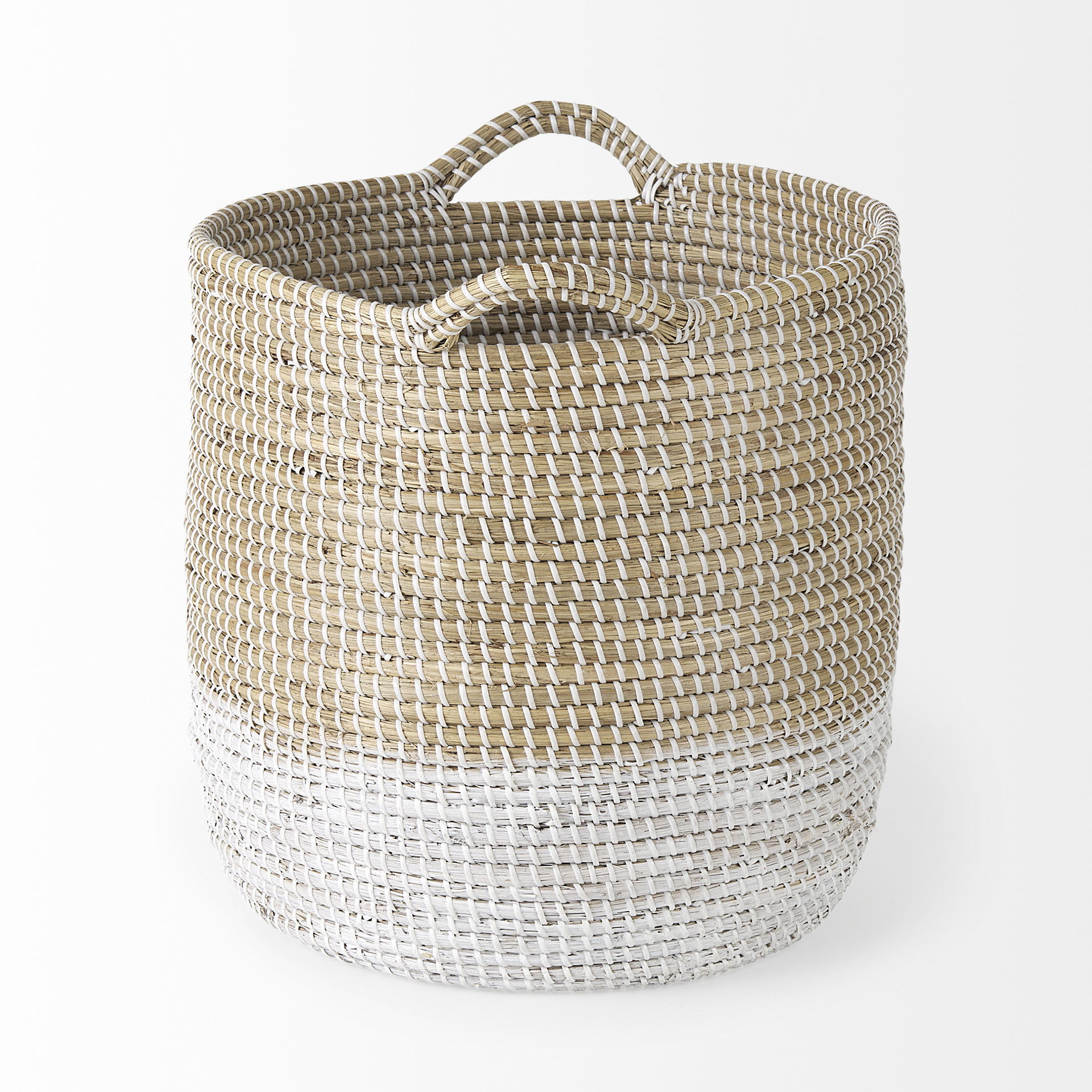 Maddie 13.8L x 13.8W X 15.0H (Set of 3) Light Brown with White Dipped Seagrass Round Basket  with Handles, Bins & Basket by Mercana, 15.75" length x 15.75" width x 17.32" height View 4