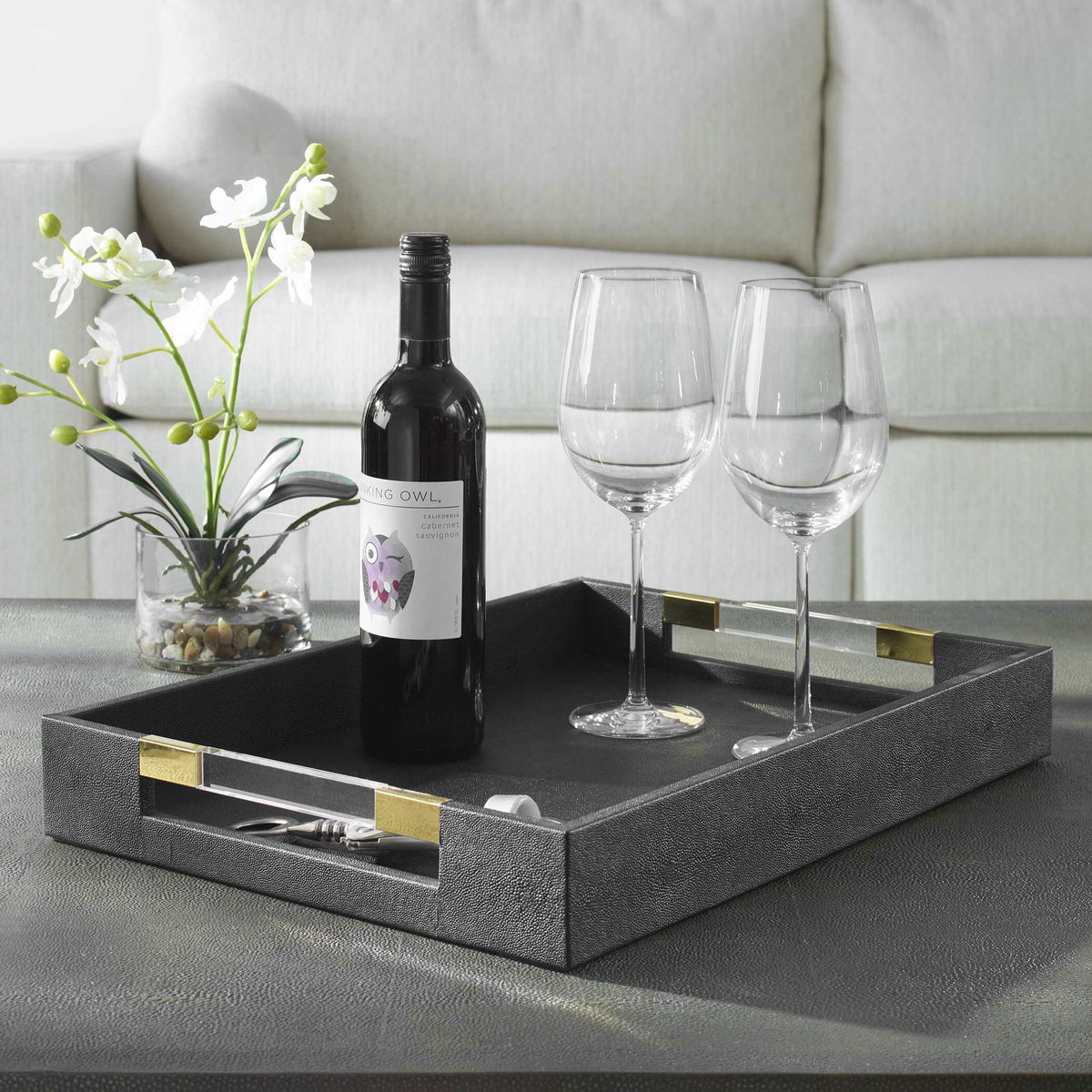 Wessex Black Shagreen Tray, Decorative Tray by Uttermost, 19" width x 2.62" height x 13.87" depth View 2