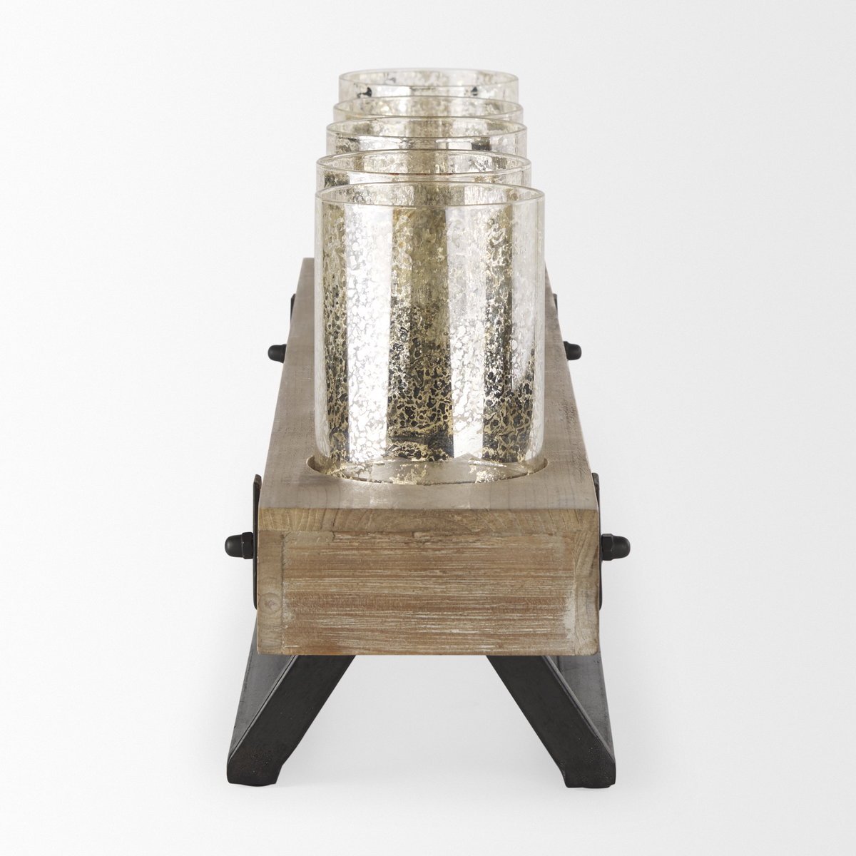 Benk Wood and Black Metal Five Cup Candle Holder, Candles & Candle Holder by Mercana, 27" length x 13.78" width x 7.09" height View 7