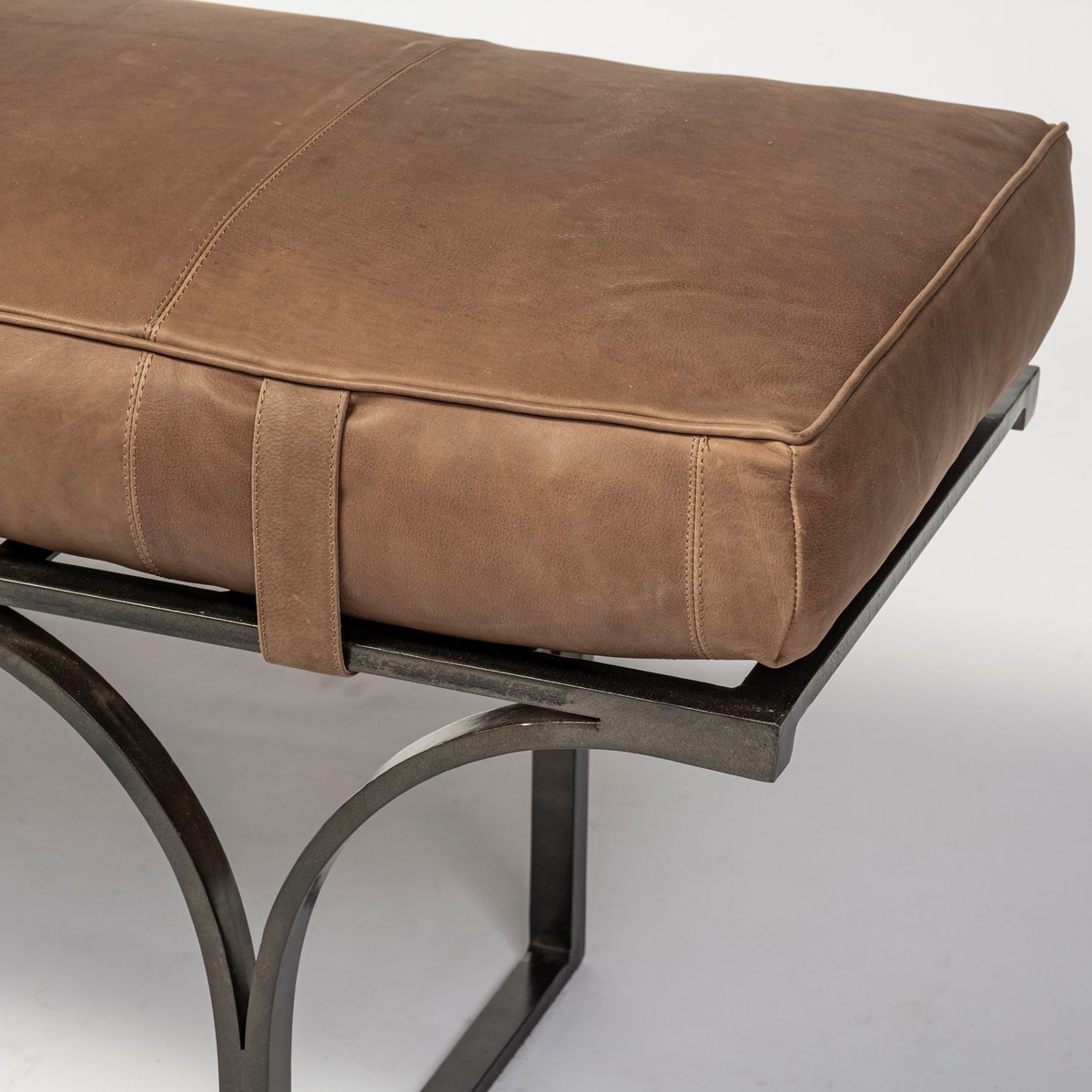 Jessie 55L x 16W Brown Leather Seat with Black Metal Base Accent Bench, Benche by Mercana, 55" length x 16" width x 20" height View 6