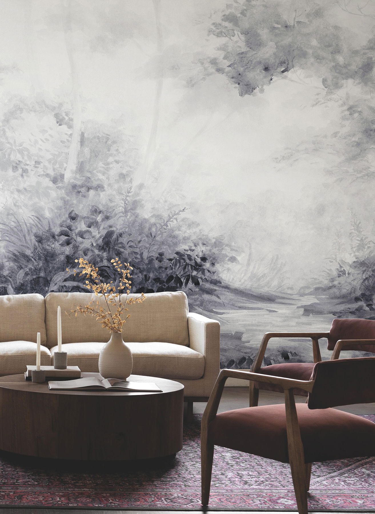 Woodland Black & White Wall Mural large image 