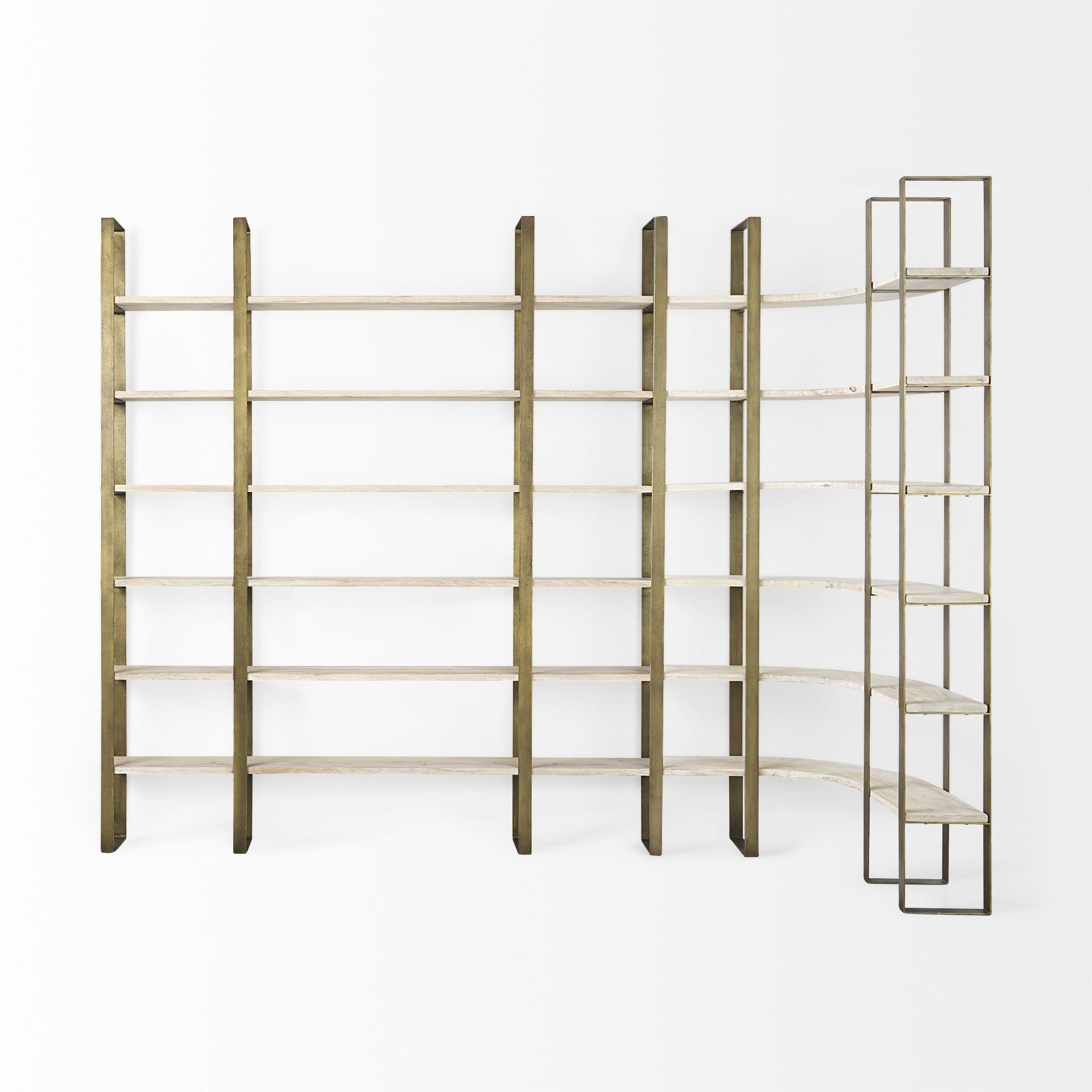 Taunton 80L x 10.5W x 90H Light Brown Wood with Gold Metal Frame 6 Tier Shelving Unit, Shelving & Bookcase by Mercana, 80" length x 10.5" width x 90" height View 8