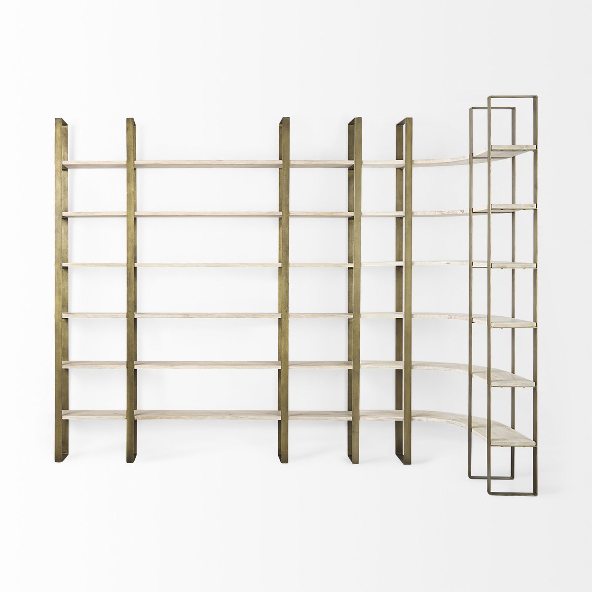Taunton 80L x 10.5W x 90H Light Brown Wood with Gold Metal Frame 6 Tier Shelving Unit, Shelving & Bookcase by Mercana, 80" length x 10.5" width x 90" height View 8