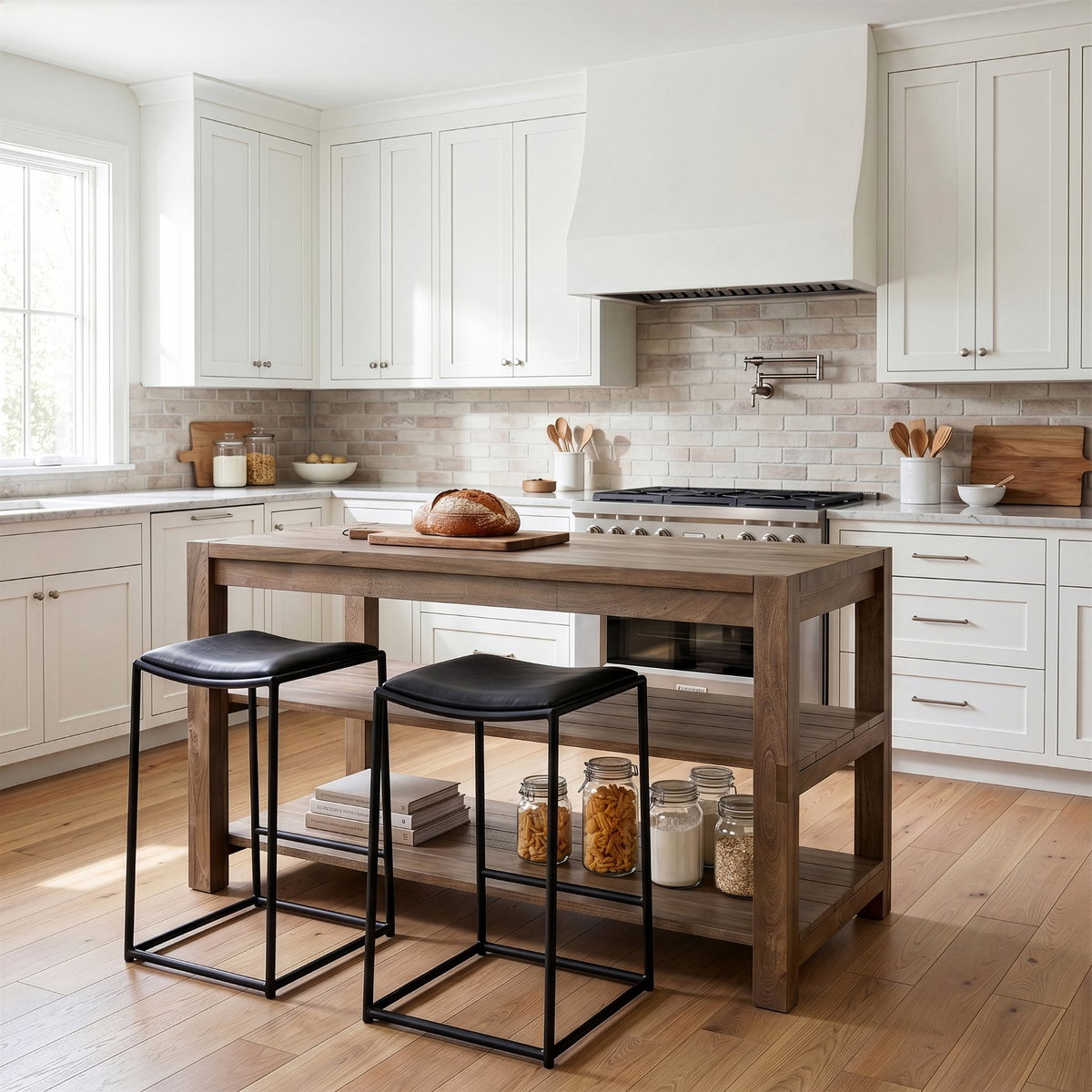 Emeril Brown Solid Wood Two-Tier Smooth Counter Top Kitchen Island, by Mercana, 60" length x 30" width x 35" height View 2