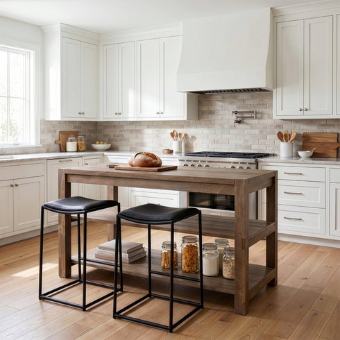 Emeril Brown Solid Wood Two-Tier Smooth Counter Top Kitchen Island