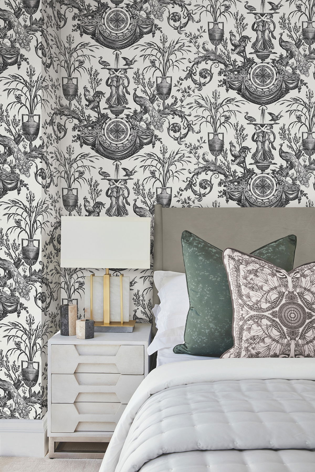 Avian Fountain Toile Black Wallpaper large image 