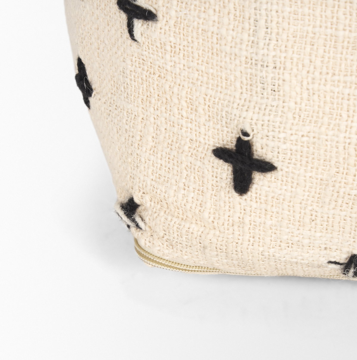 Saanvi Wool with Cream and Black Stitched Cross Patterned Pouf, Ottoman by Mercana, 16" length x 16" width x 16" height View 7