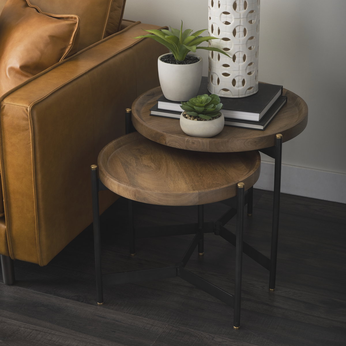Marquisa (Set of 2)  Light Brown Wood with Black Metal Base Nesting Side Tables, Side & End Table by Mercana, 22.5" length x 22.5" width x 20.8" height View 3