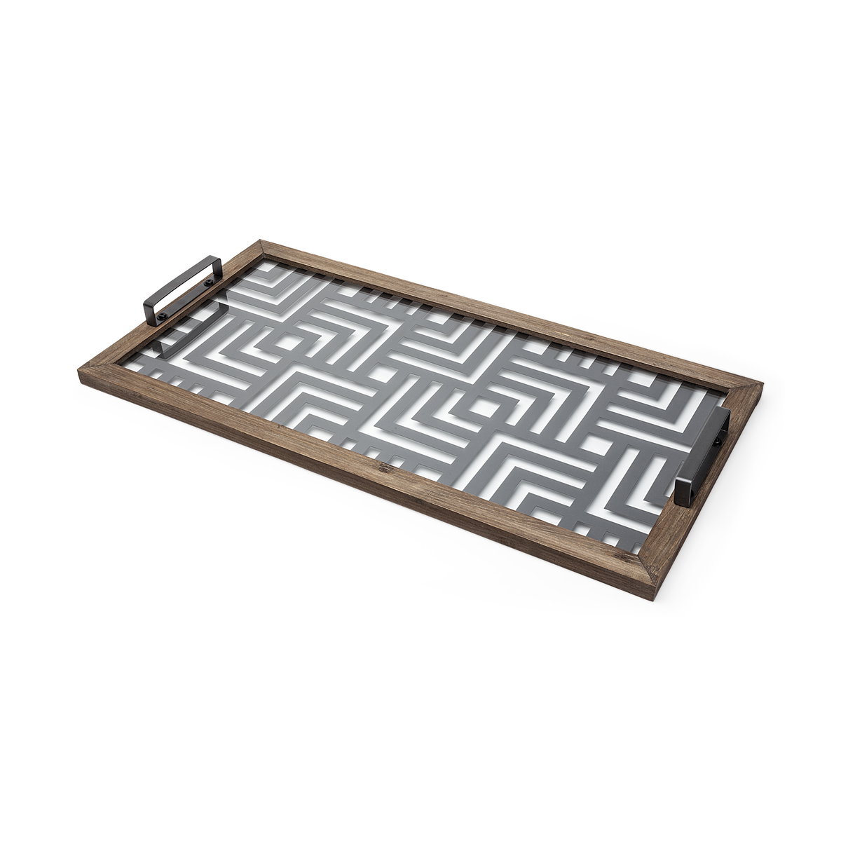 Fantuz 32L x 16W Gray Metal, Wood and Glass Serving Tray, Decorative Tray by Mercana, 31.89" length x 15.75" width x 2.56" height View 1