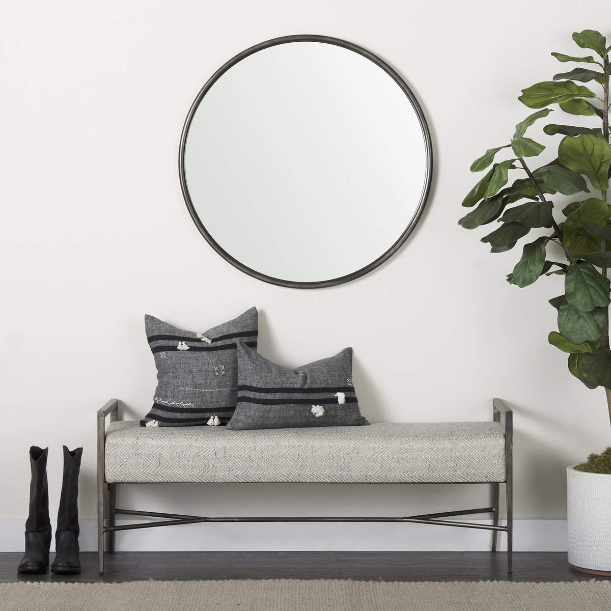 Charlotte  55.0L Gray Herringbone Fabric Seat with Antique Nickel Metal Frame Bench, Benche by Mercana, 55" length x 17" width x 23" height View 2