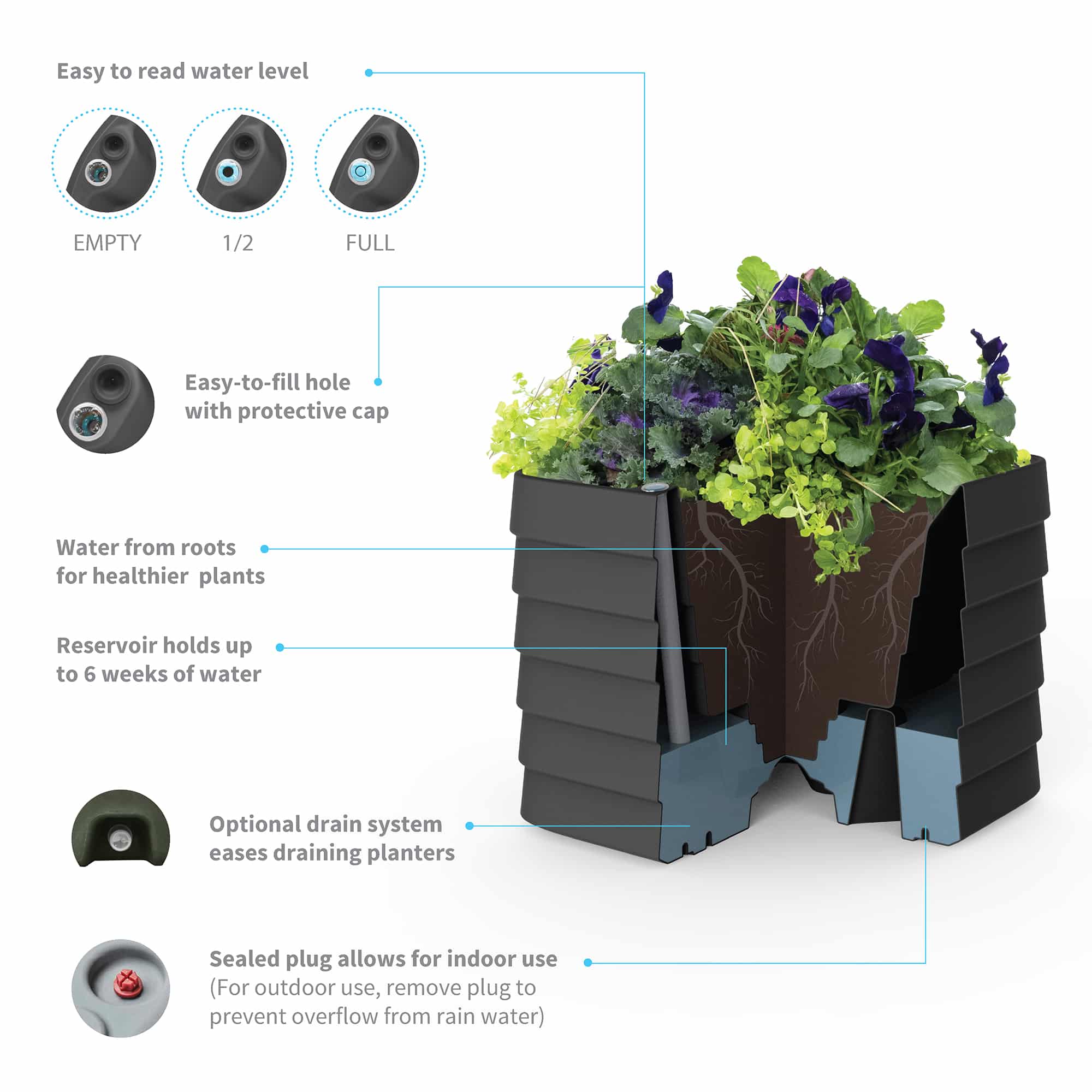 TruDrop Slat Self Watering Planter Box, Caviar Black, Square, by Crescent Garden, 22" width x 19.69" height x 22" depth View 7