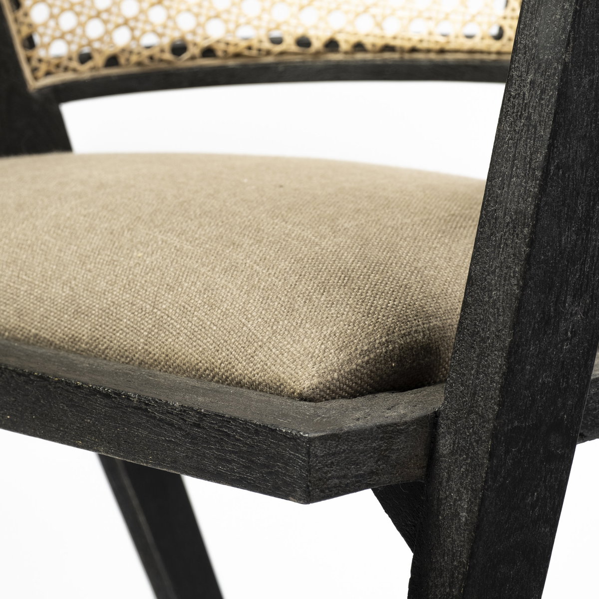 Tabitha Cane Back Dining Arm Chair | Linen with Black Wooden, Dining Chair by Mercana, 23" length x 23" width x 30" height View 9