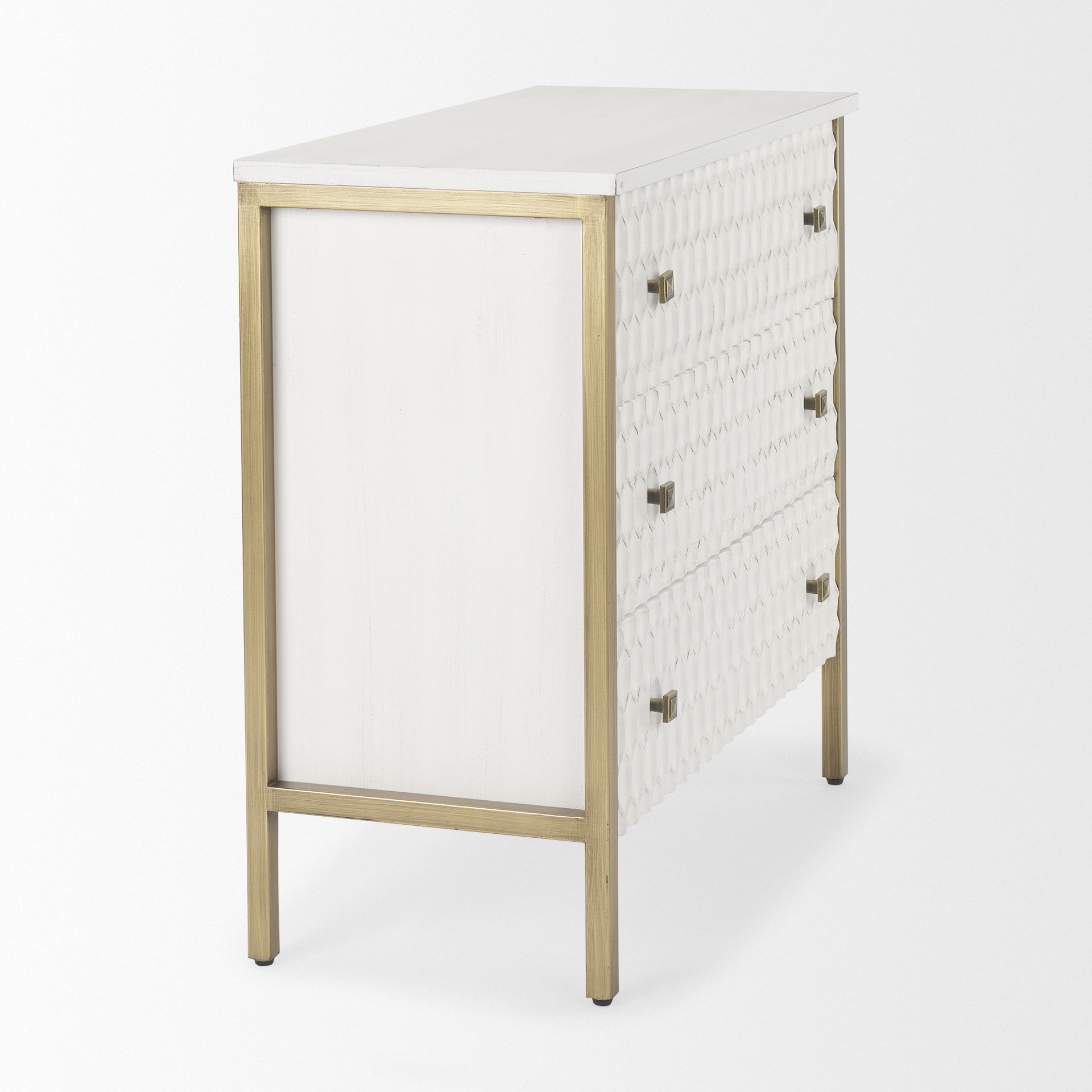 Savannah White Fir Veneer with Gold Metal 3-Drawer Accent Cabinet, Cabinets & Chest by Mercana, 31.89" length x 15.94" width x 31.5" height View 7