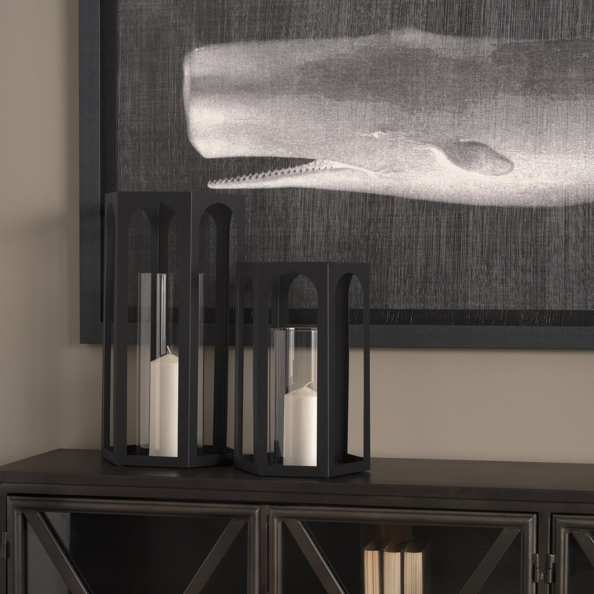 Balley  Set of Two Matte Black Metal Hexagonal Candle Holder Lanterns, Lighting by Mercana, 9.45" length x 9.45" width x 19.69" height View 3