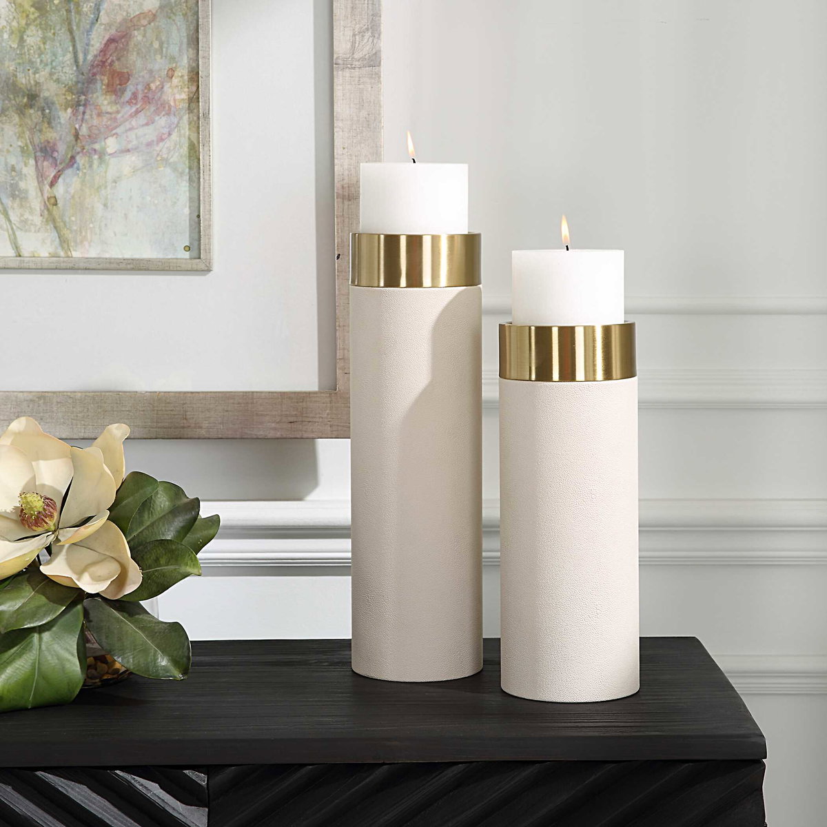 Wessex White Pillar Candleholders Set Of 2, by Uttermost, 4.62" width x 1'4" height x 4.62" depth View 3
