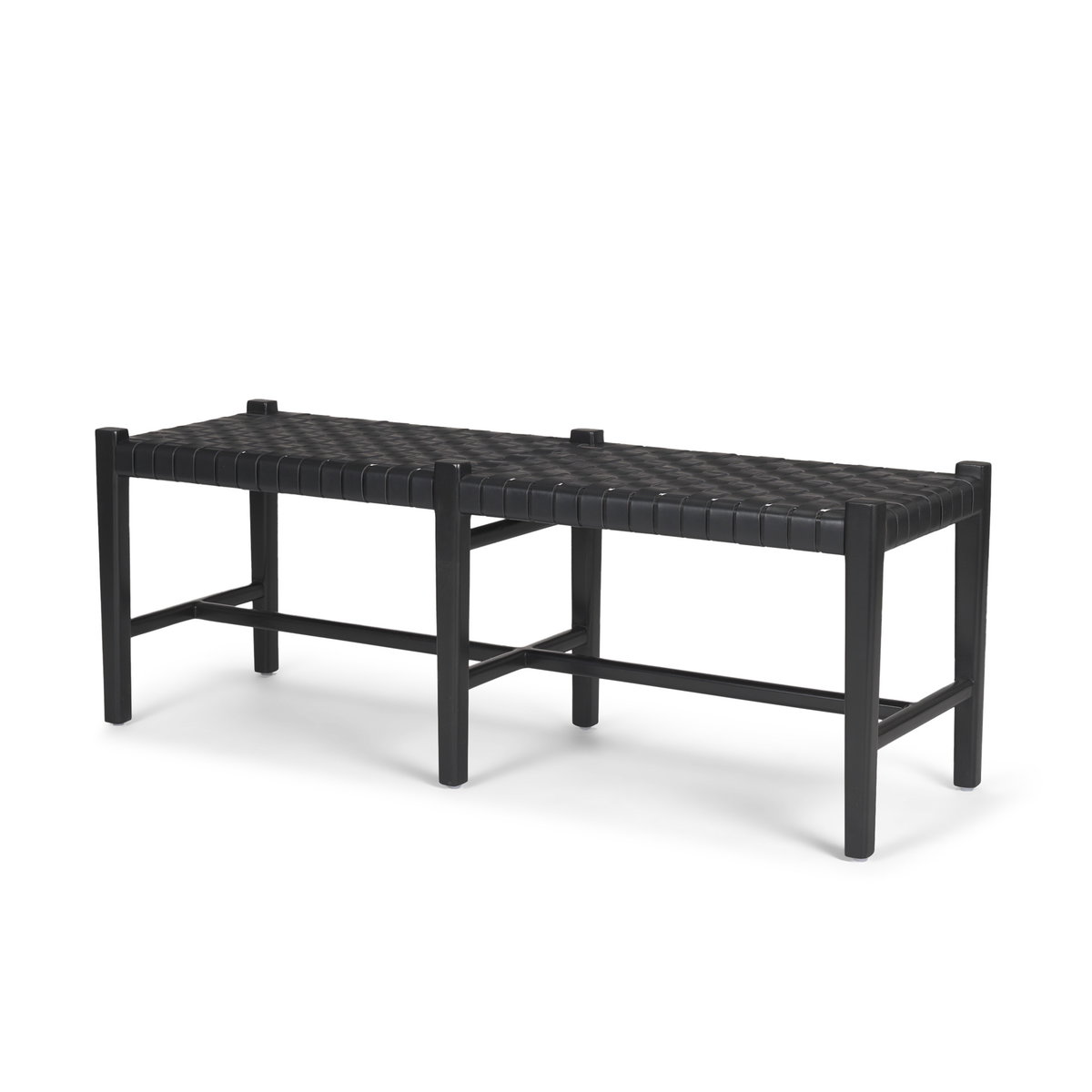 Shane Black Wood with Woven Black Leather Bench, Benche by Mercana, 52" length x 16.5" width x 18.75" height View 1
